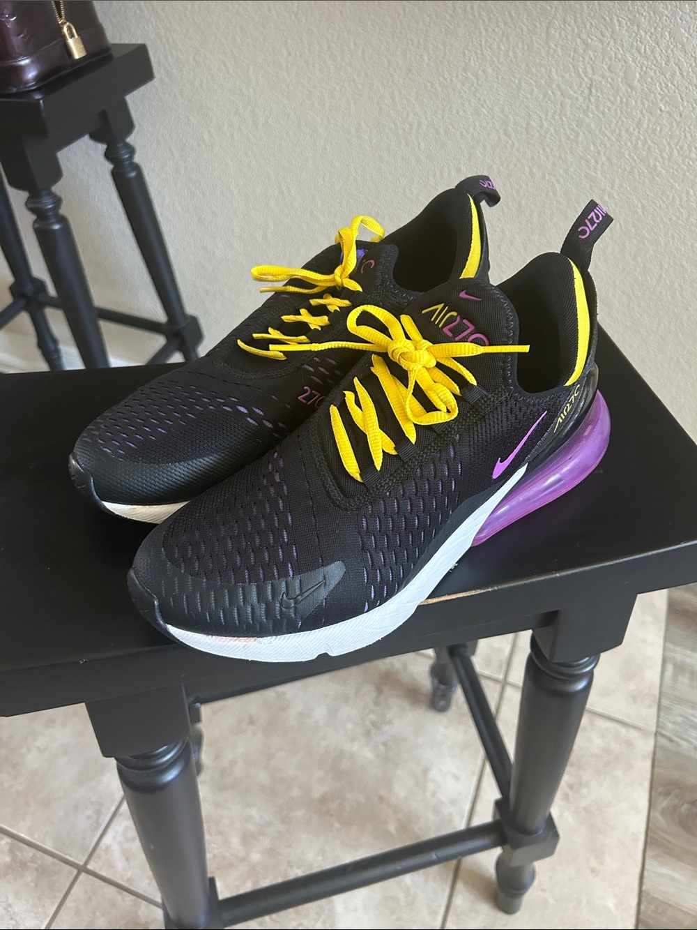 Nike Women’s Air Max 270 Black with Purple and Yellow Accents 9
